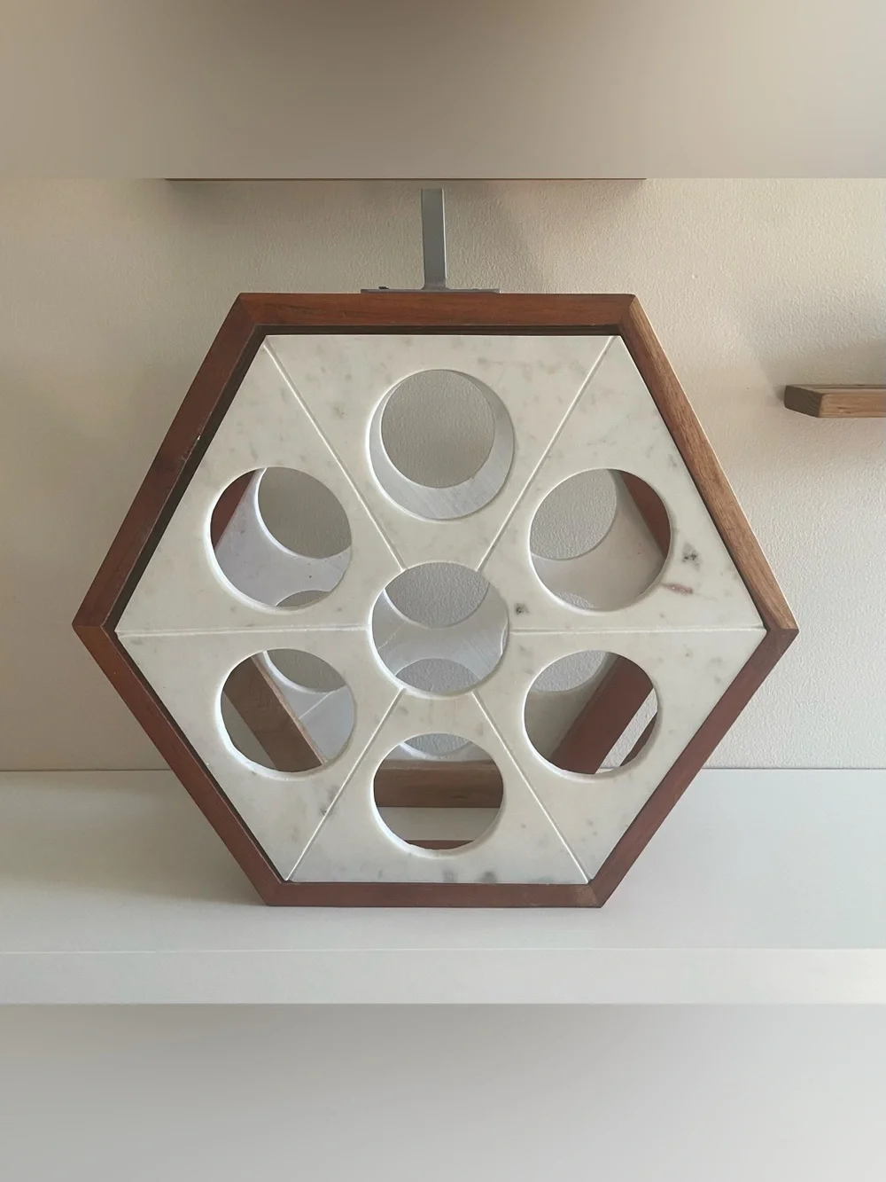 Hexagonal White Marble and Wooden Wine Rack